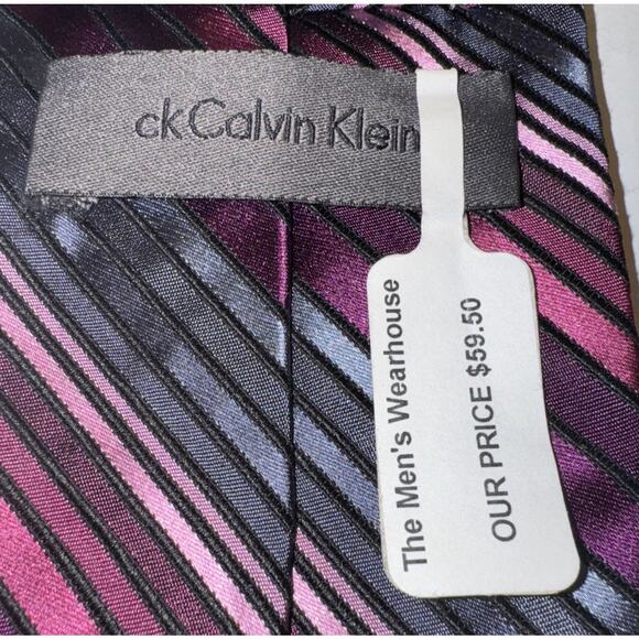 Calvin Klein Silk Blend Necktie Pink Purple Gray Striped Regimental Tie 60x3.5” - Picture 4 of 6